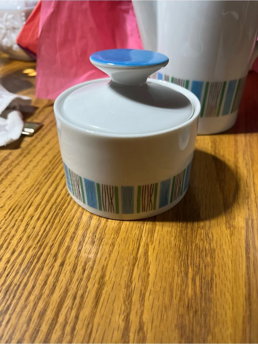White Ceramic Coffee Set with Blue & Green Stripe Accent. MCM